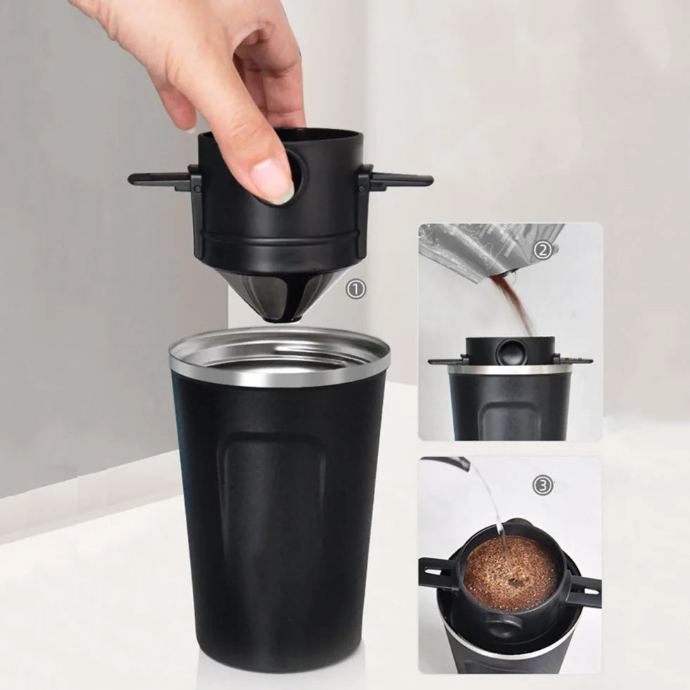 Cafeteira portátil, conjunto de cafeteira com caneca de café em aço inoxidável, filtro dobrável para viagem