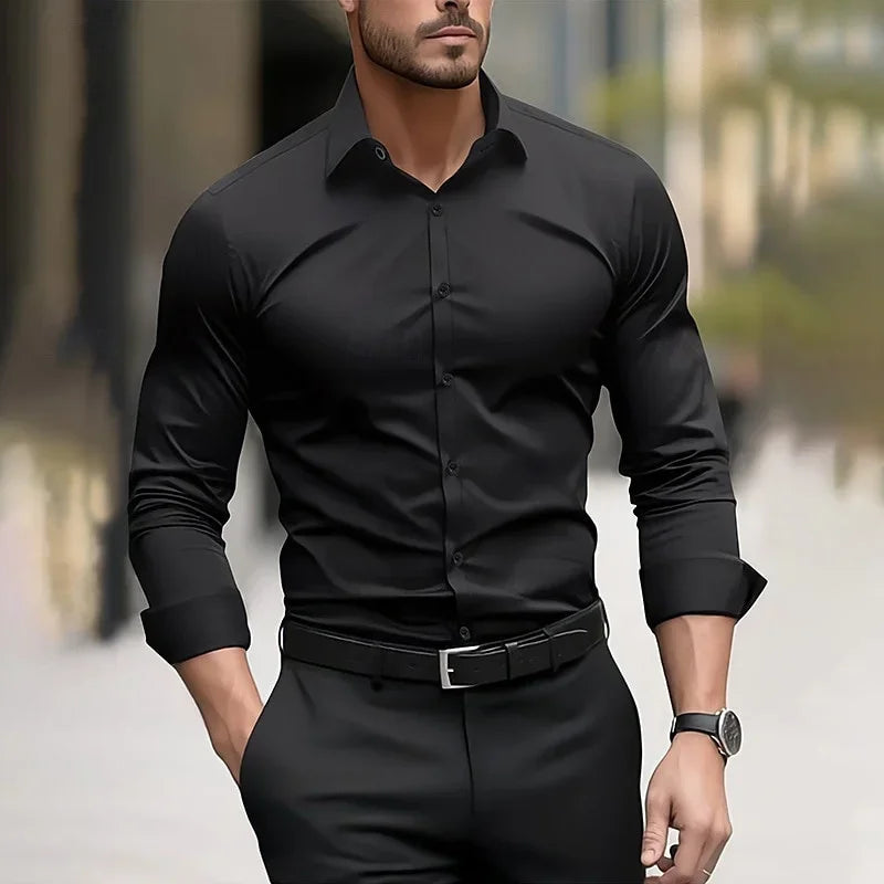 11 color men's formal shirt solid color wedding outdoor black red navy blue deep green long sleeved lapel summer and spring XS-6