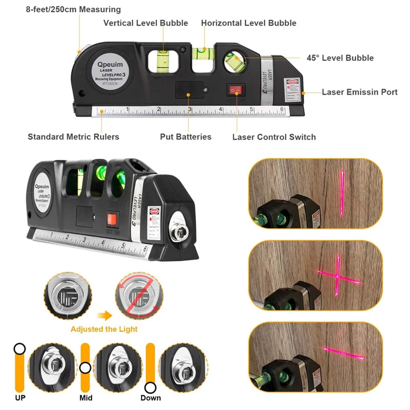 Ferramenta de linha de nível a laser multiuso kit de nível a laser padrão linha cruzada laser 8 pés fita métrica régua com tripé de metal