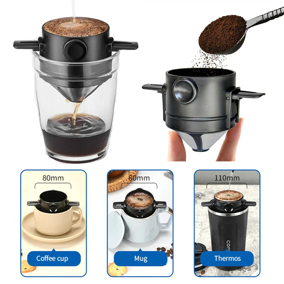 Cafeteira portátil, conjunto de cafeteira com caneca de café em aço inoxidável, filtro dobrável para viagem